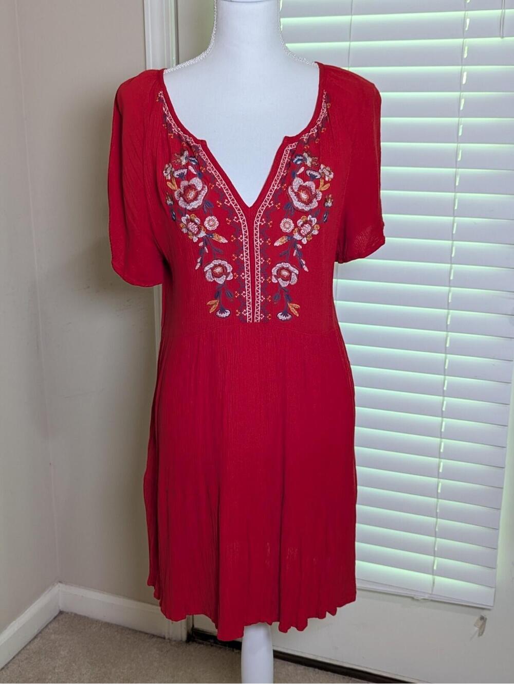 Knox Rose Red Midi Dress Floral Embroidery Boho Medium Women's Short Sleeve